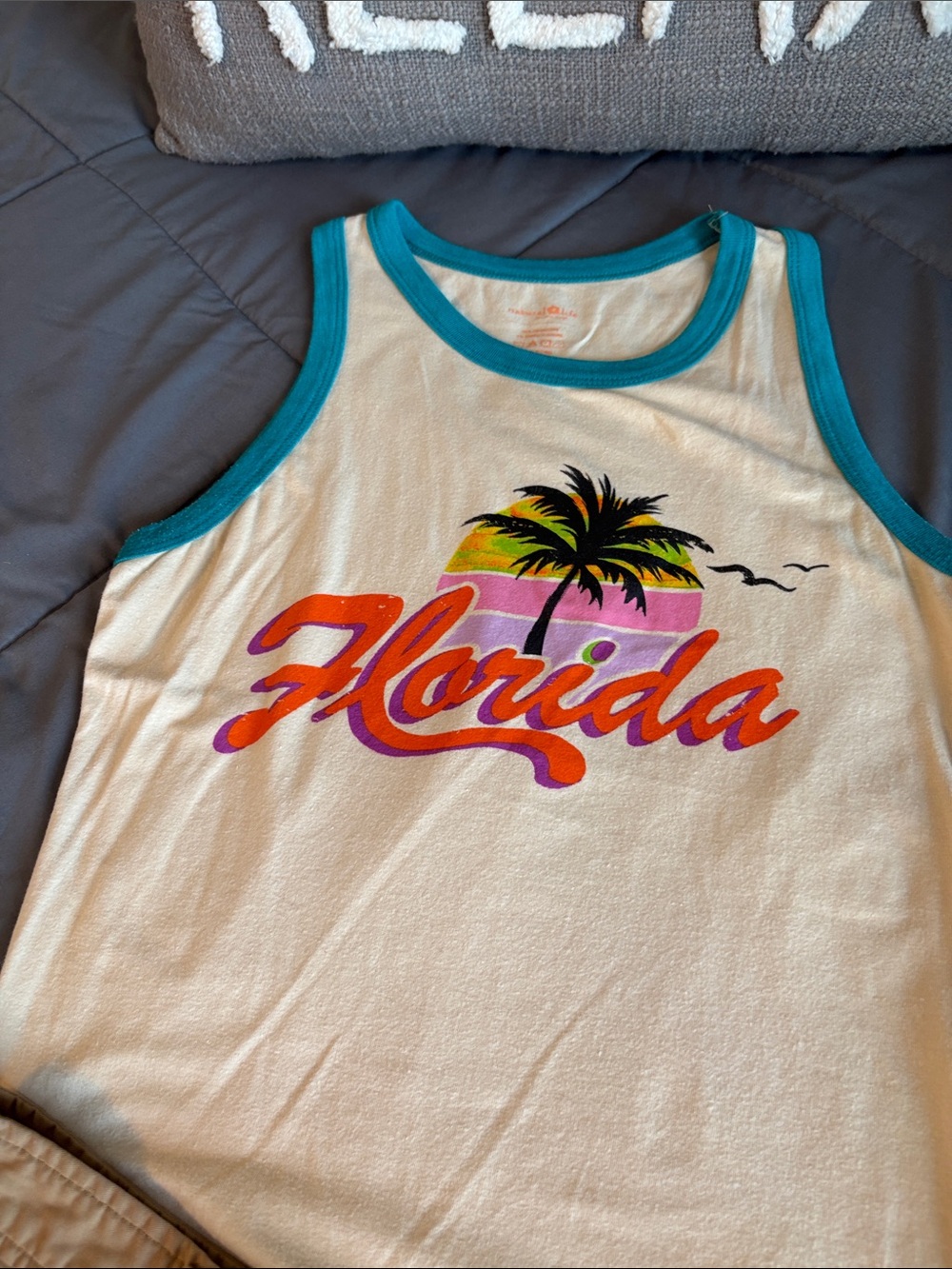 Cream "Florida" Graphic Tank Top with Teal Trim - Ringer S Natural Life Retro - Picture 2 of 3